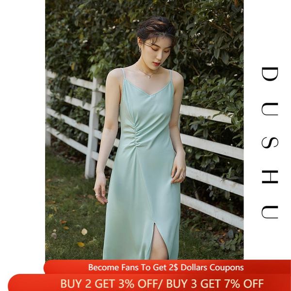 casual dresses dushu women's suit sling 2021 summer sakura pink green long dress sleeveless simple, Black;gray